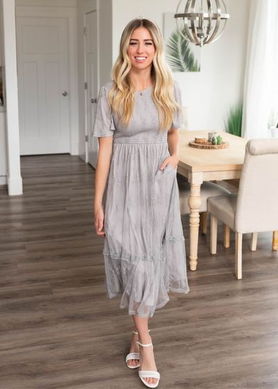 Grey floral lace dress with short sleeves and pockets