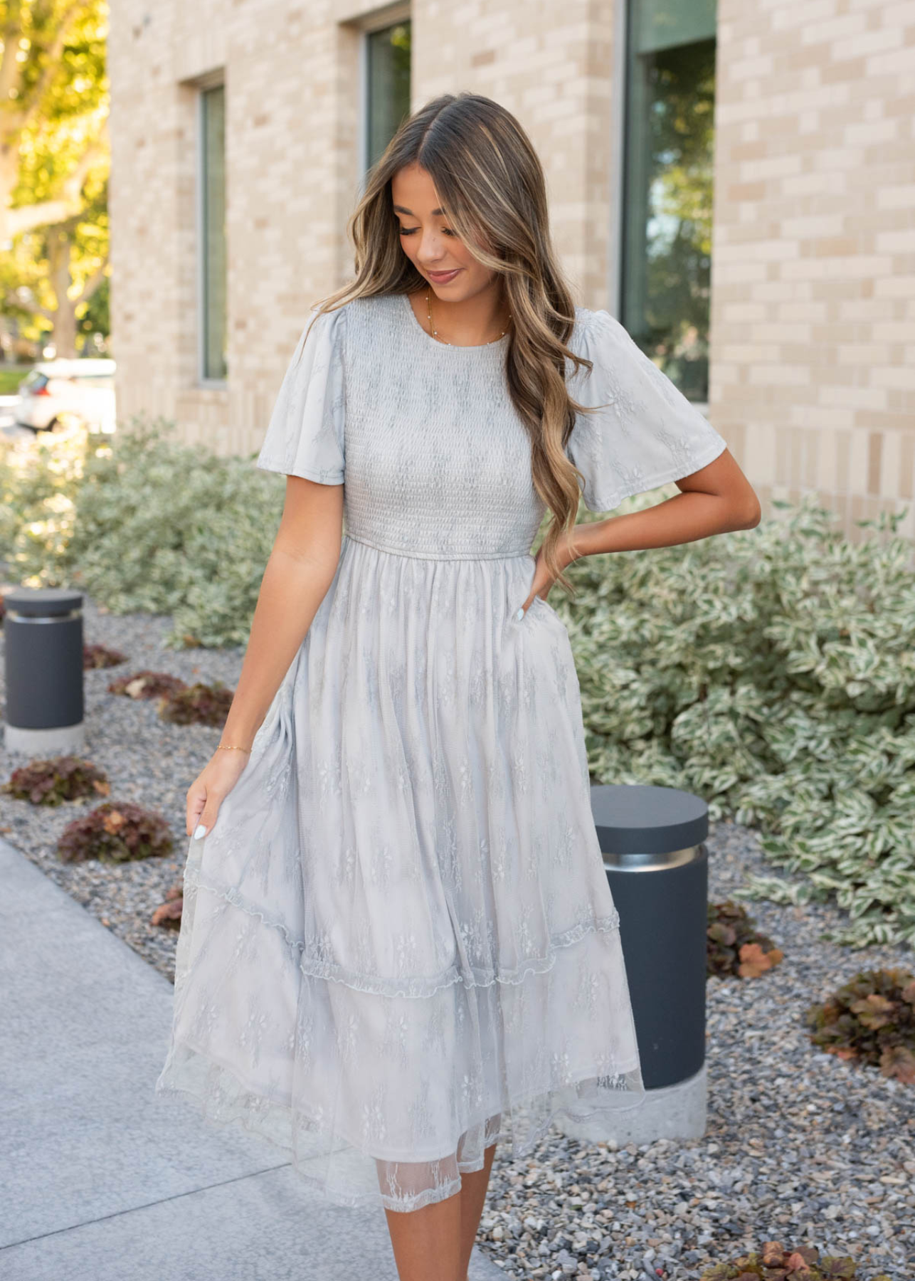 Grey floral lace dress