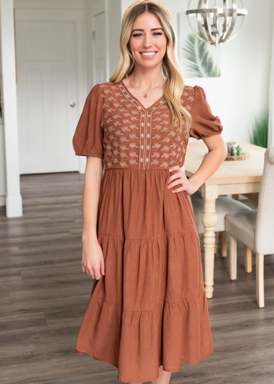 Rust embroidered dress with embroidery on the bodice