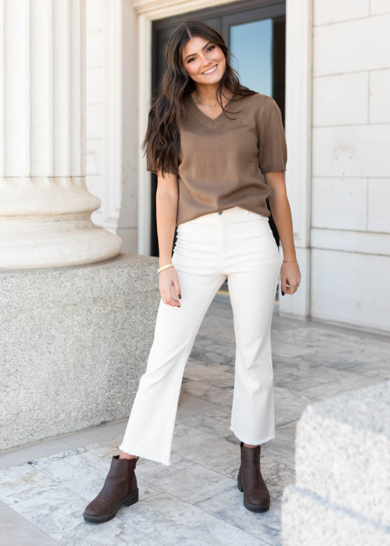 Small taupe short sleeve sweater