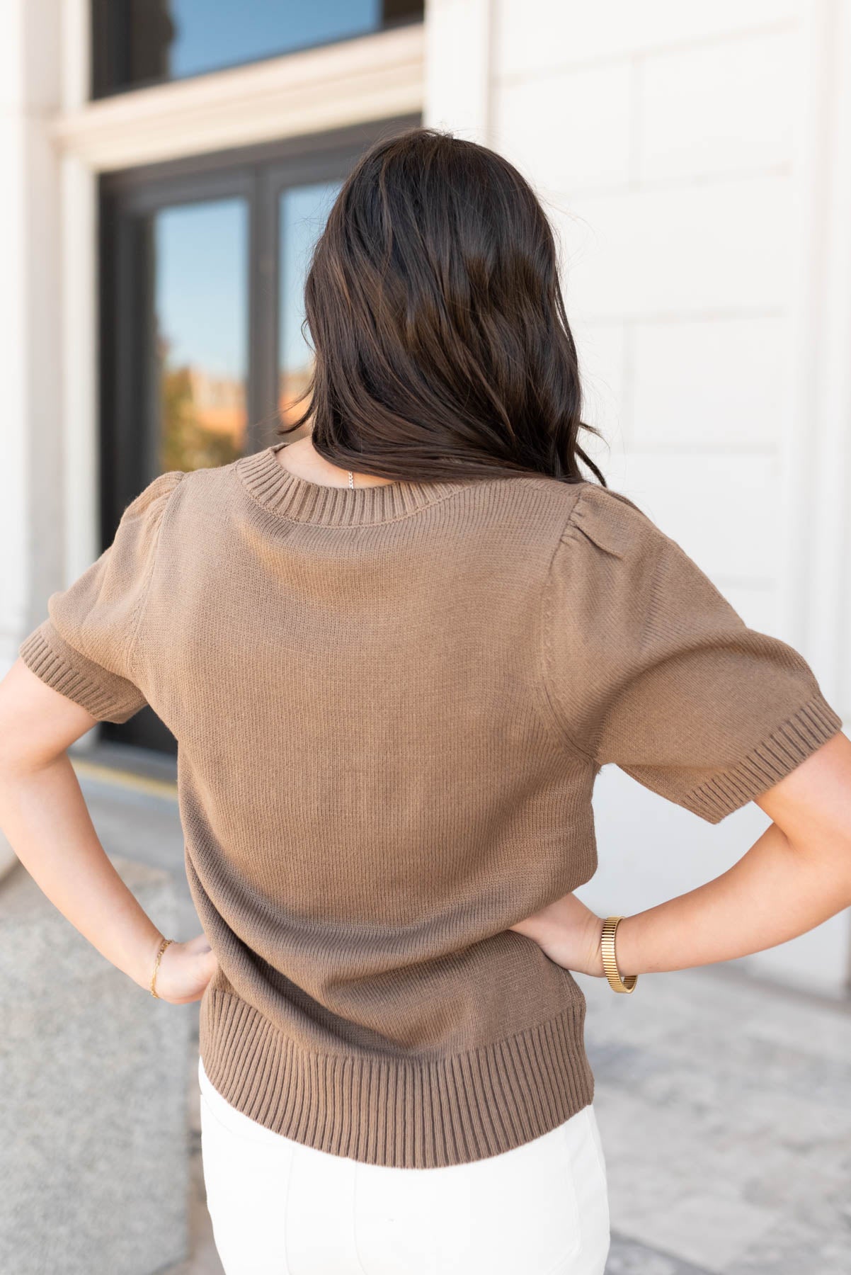 Back view of the taupe short sleeve sweater