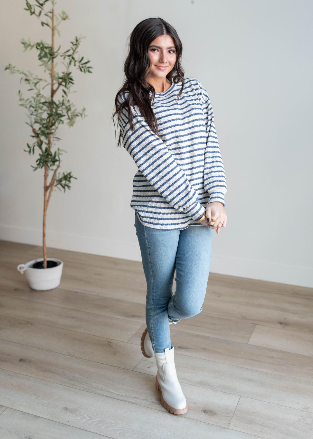 Drop sleeve indigo stripe long sleeve top