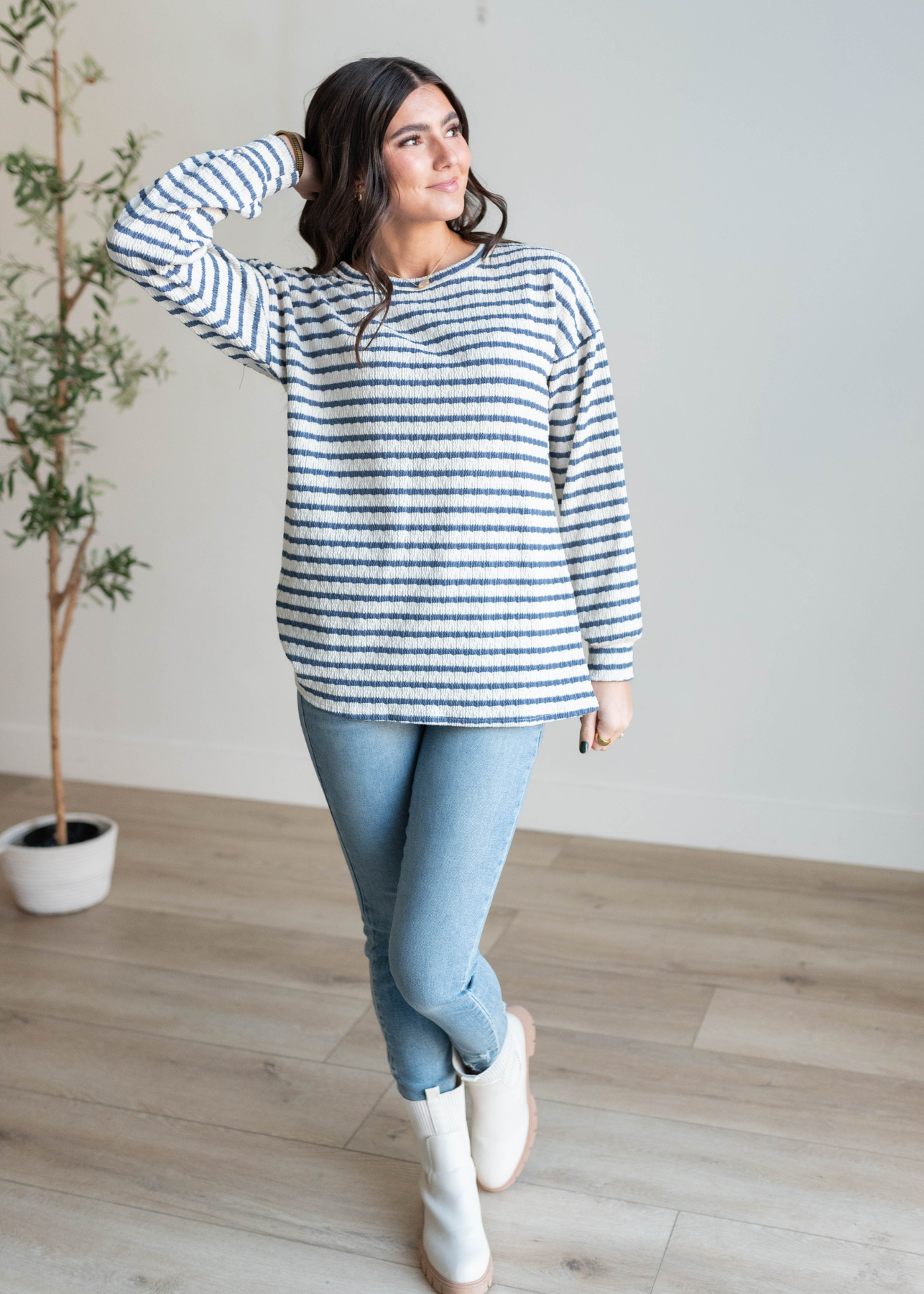 White and indigo stripe long sleeve top