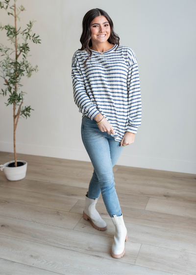 Indigo stripe long sleeve top