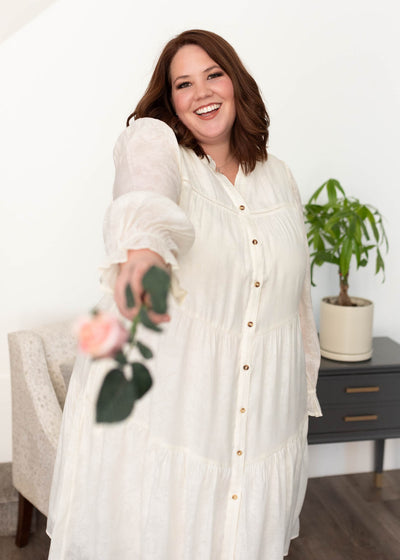 Plus size ivory button down dress with long sleeves