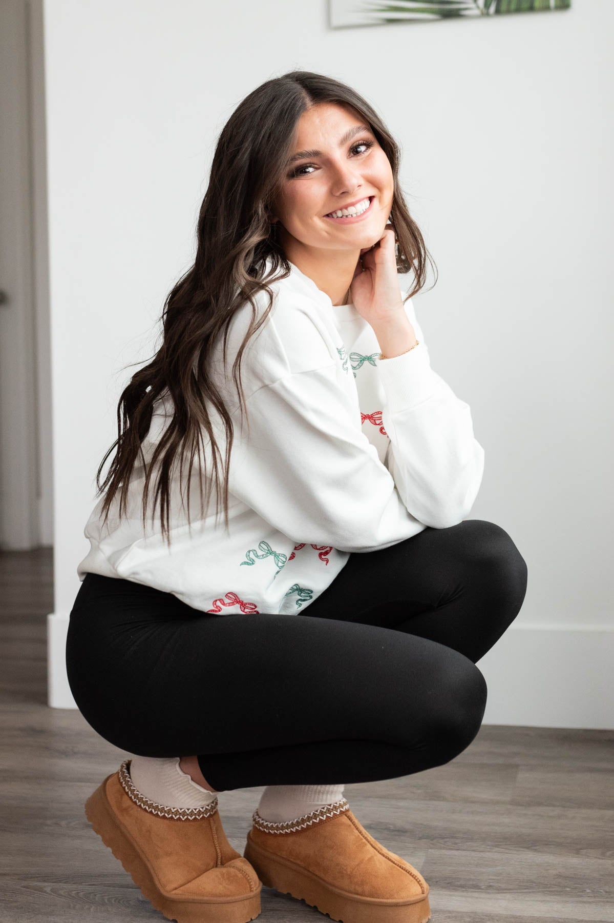 Long sleeve white Christmas bow sweater