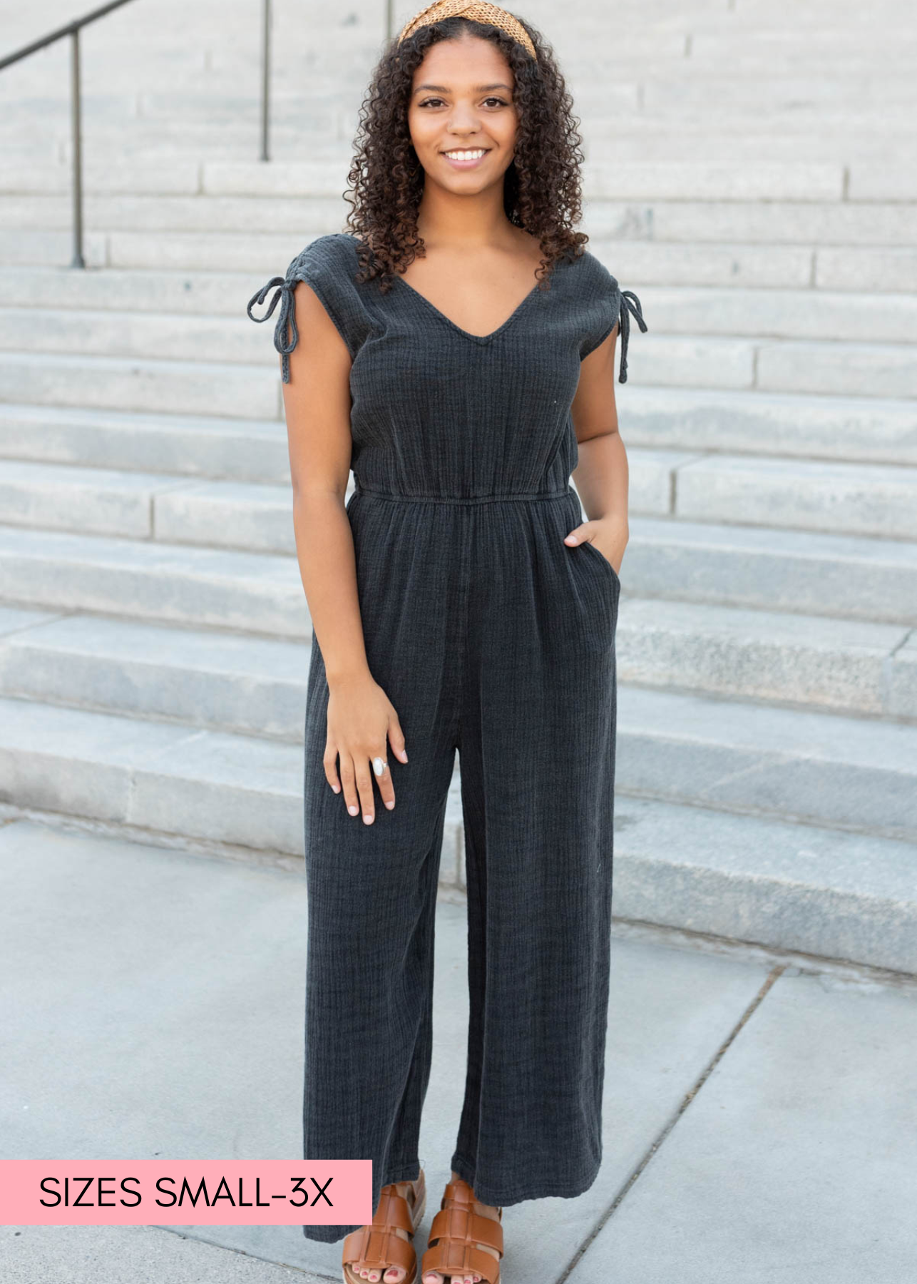 V-neck sleeveless black mineral wash jumpsuit