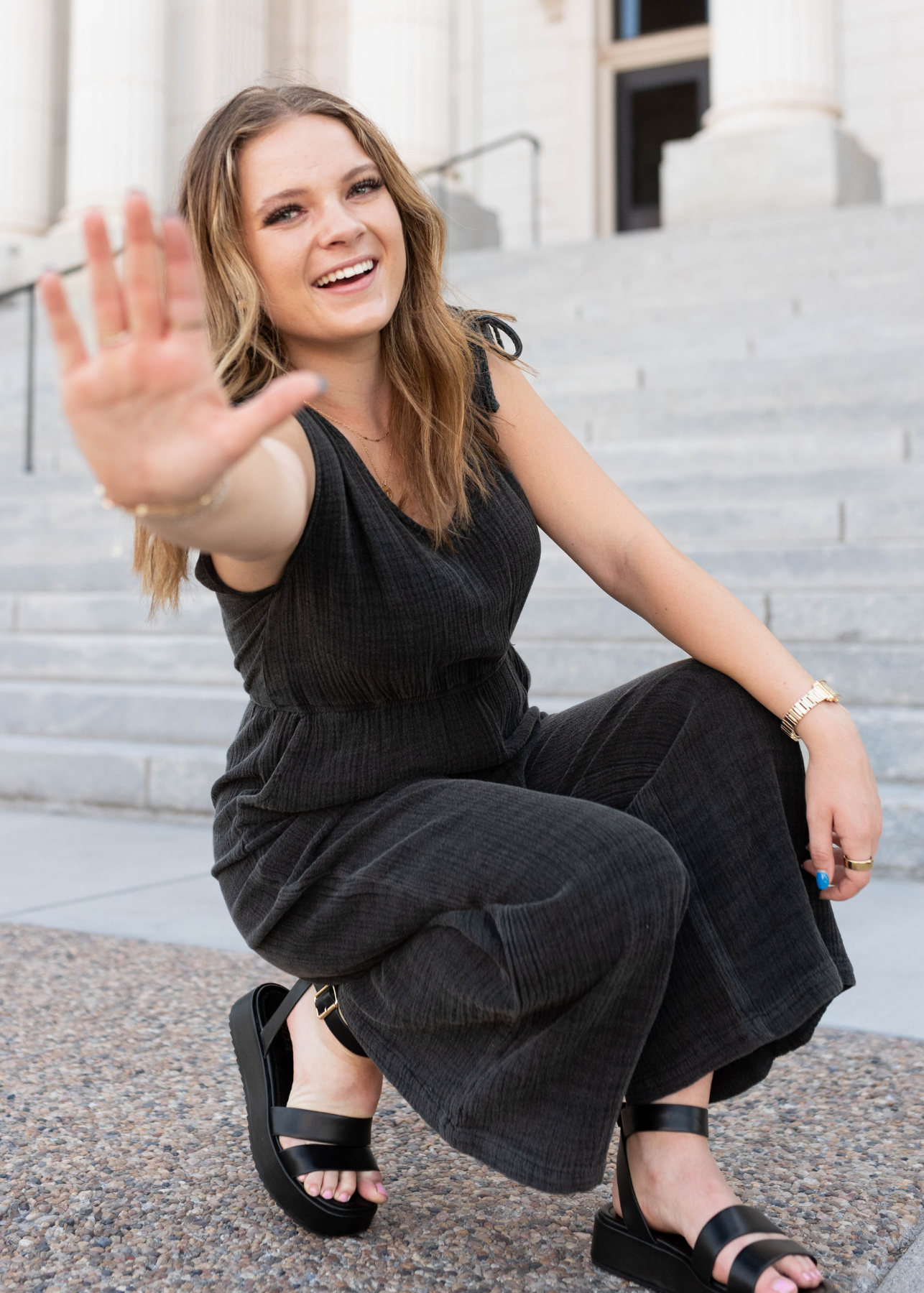 Black mineral wash jumpsuit with a v-neck