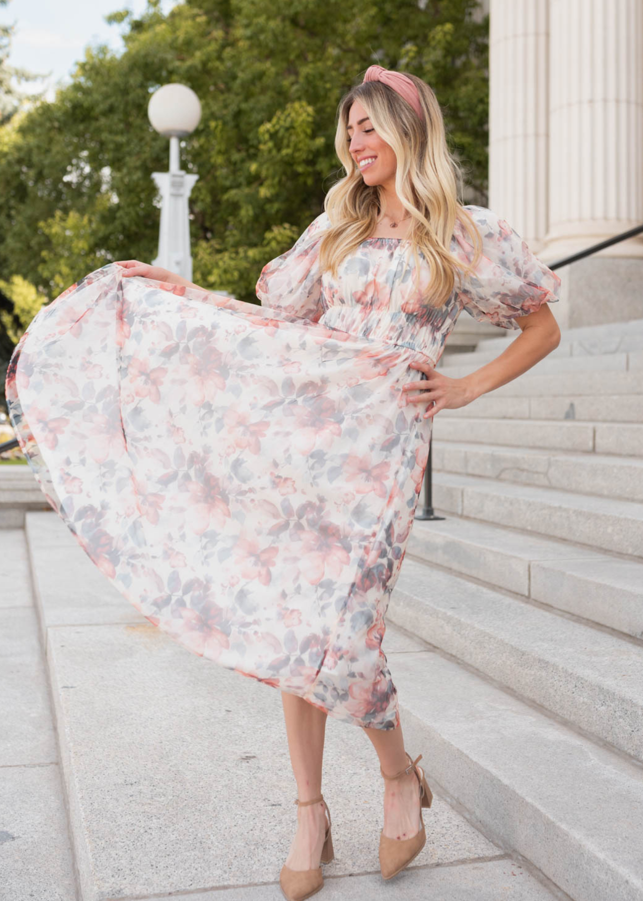 Short sleeve cream floral dress