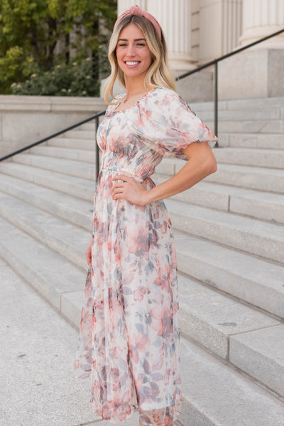 Side view of the cream floral dress