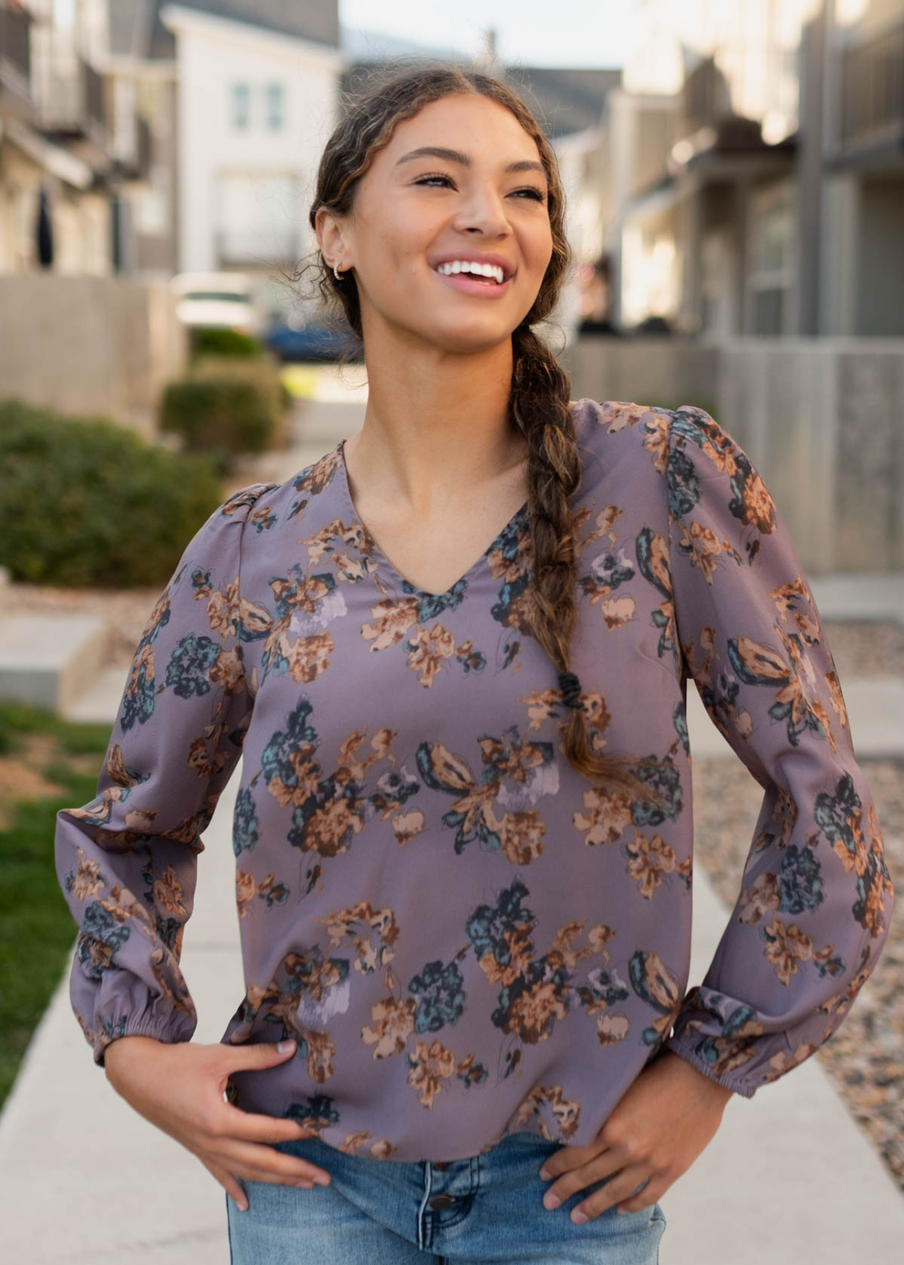 Plum floral blouse with long sleeves