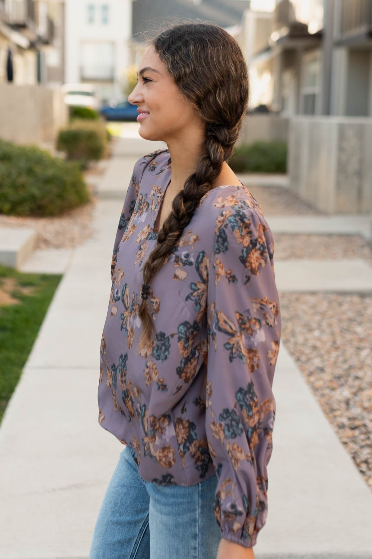 Side view of the plum floral blouse