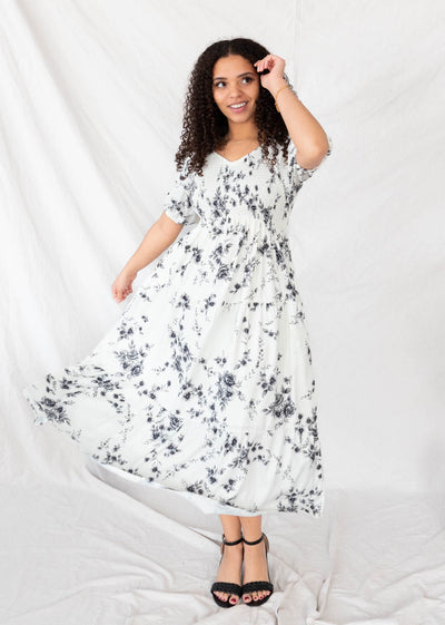 Smocked bodice ivory floral dress