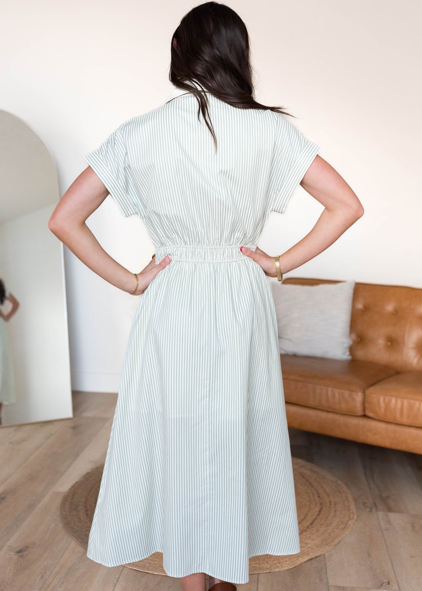 Back view of the sage stripe dress