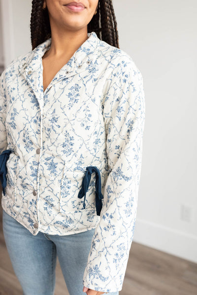 Cream floral printed jacket with collar