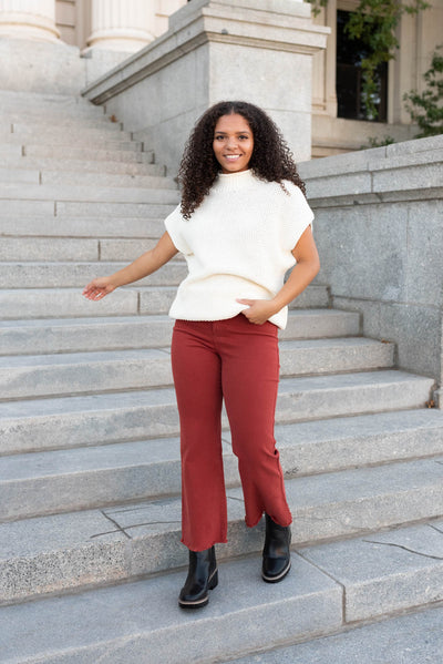 Red clay high rise pants with pockets