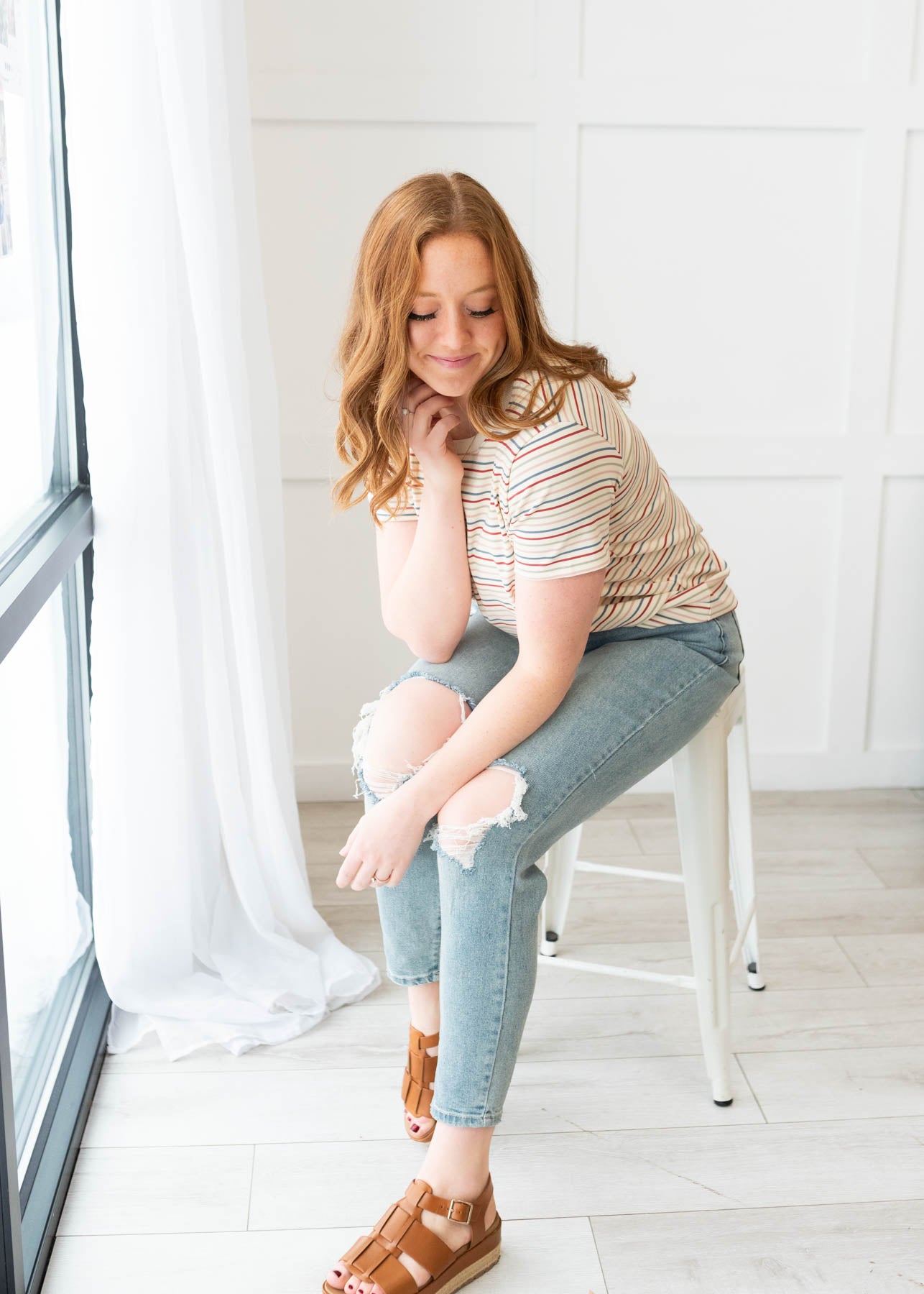 Short sleeve ivory multi stirpe top