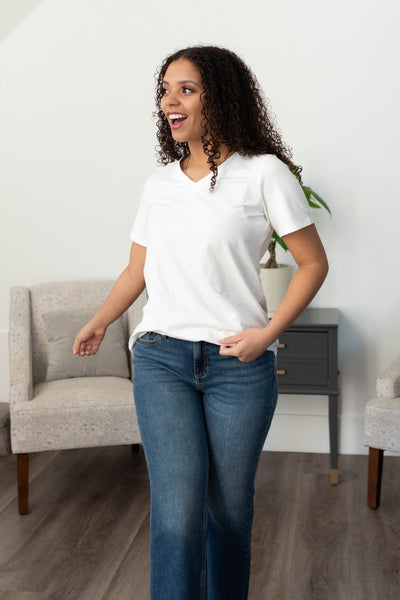 Small white v-neck top with short sleeves