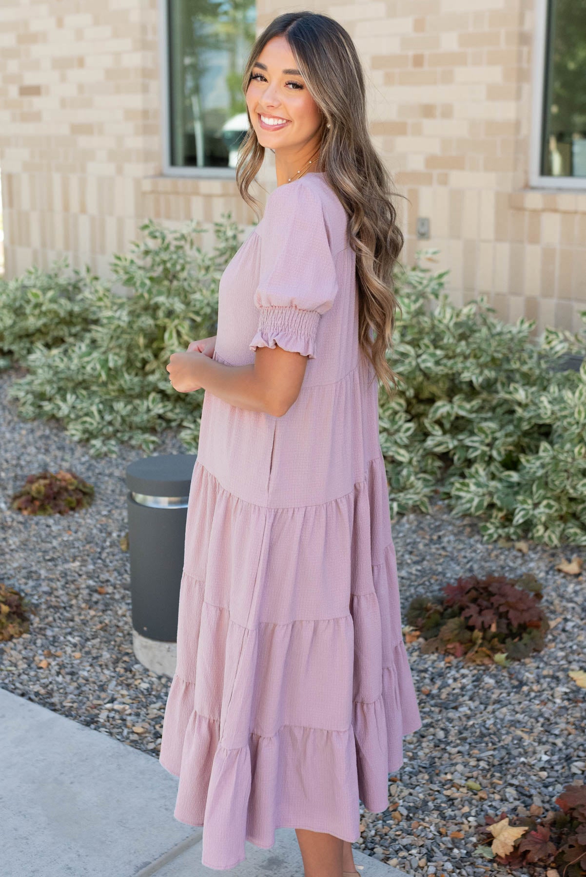 Side view of the dusty lilac tiered dress