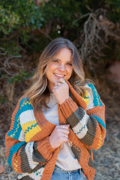 Long sleeve color block rust cardigan