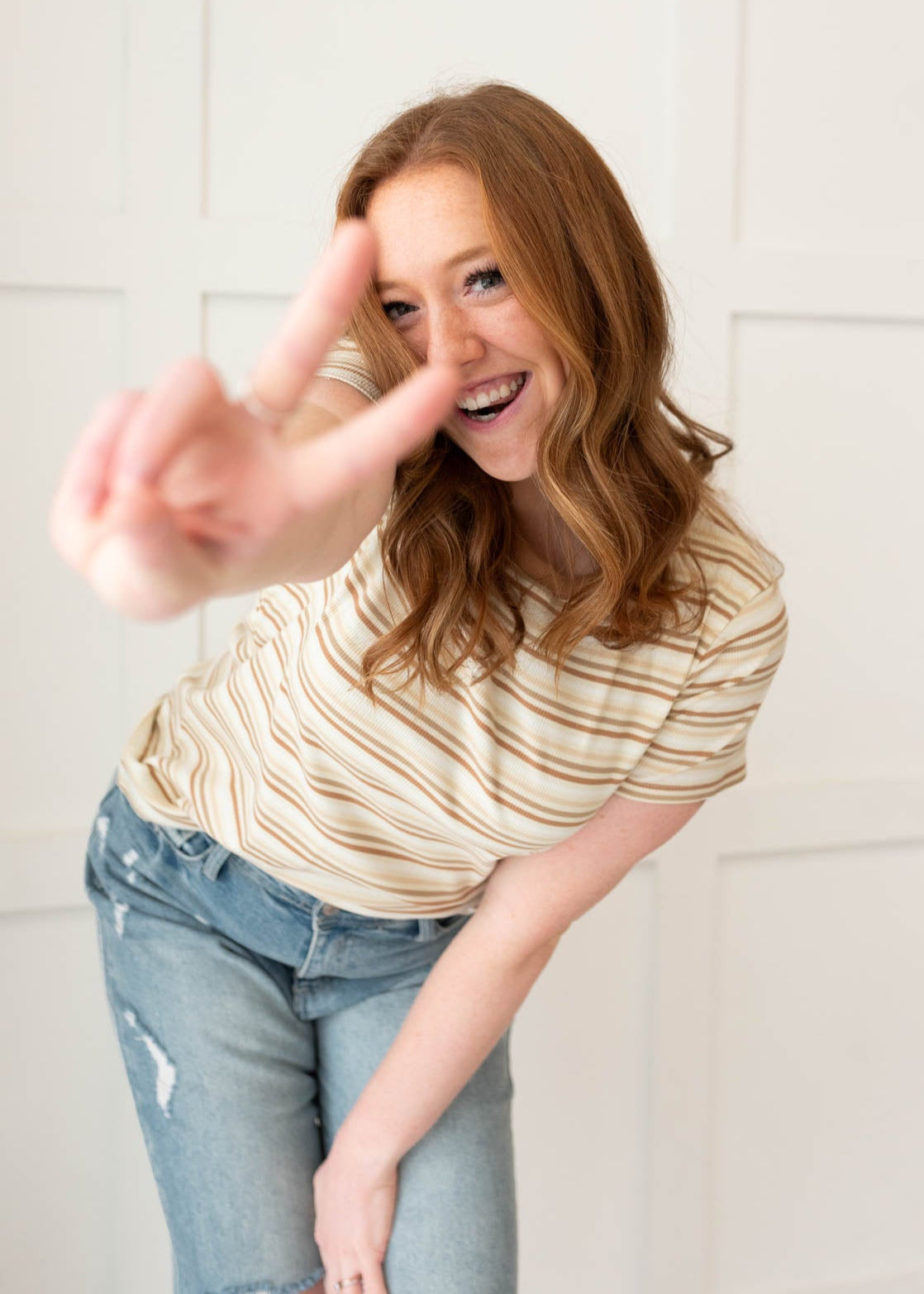 Taupe stripe top with short sleeves