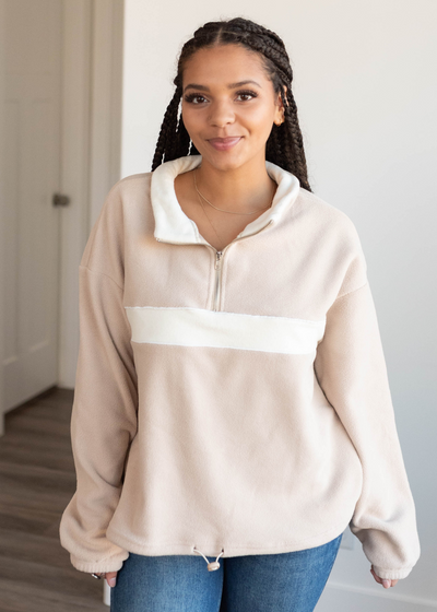 TAupe half zip pullover with ivory stripe