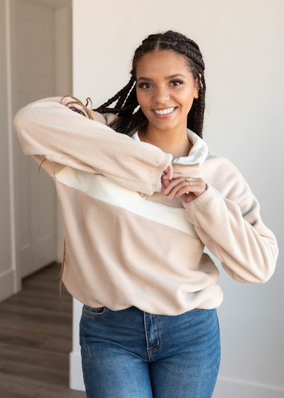 Taupe half zip pullover with long sleeves