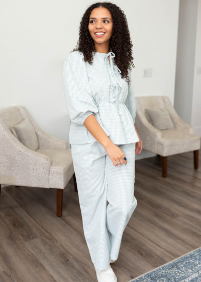 Light blue stripe top with peplum waist