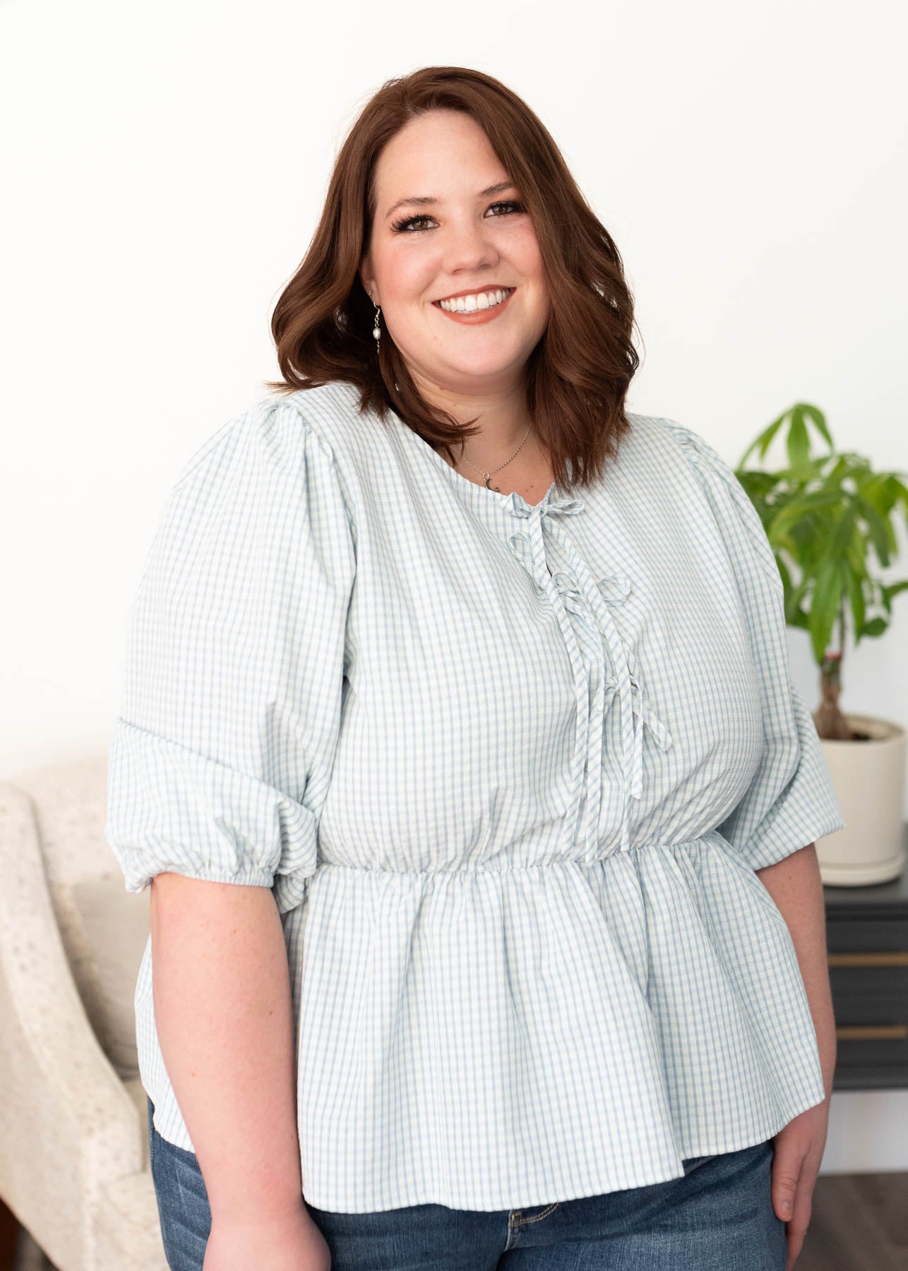 Light blue stripe top with short sleeve in plus size