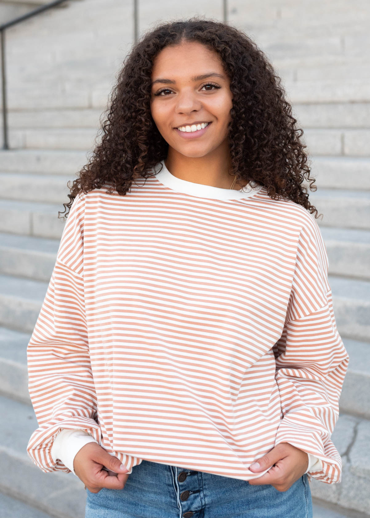 Latte top with white cuffs and neckline