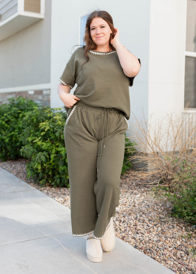 Plus size olive embroidered pants with pocket