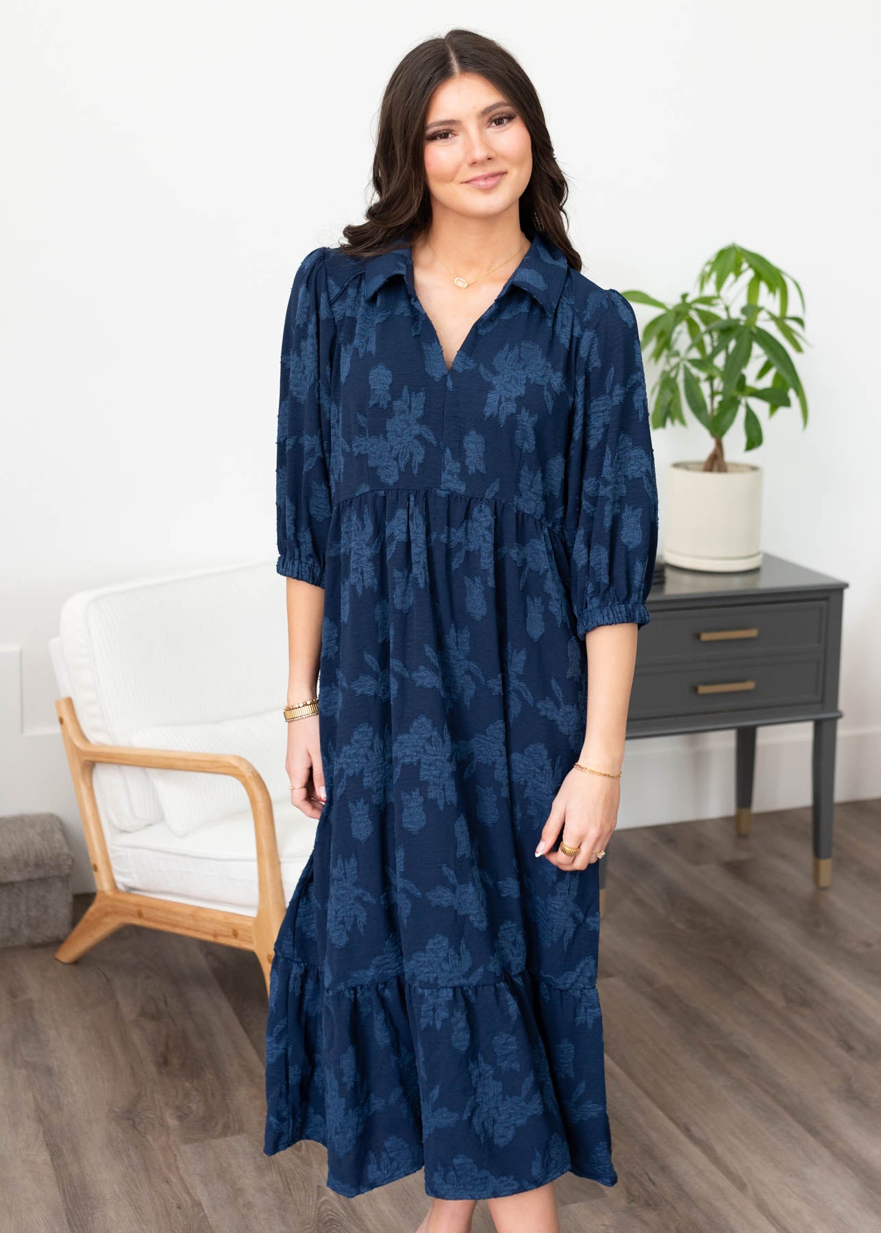 Short sleeve navy flroal collared dress