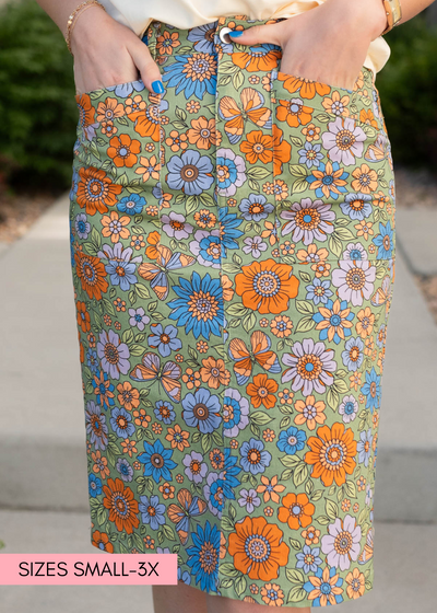 Green multi floral jeans skirt with pockets