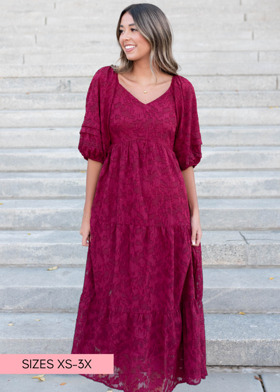 Tiered skirt on the red floral pattern dress