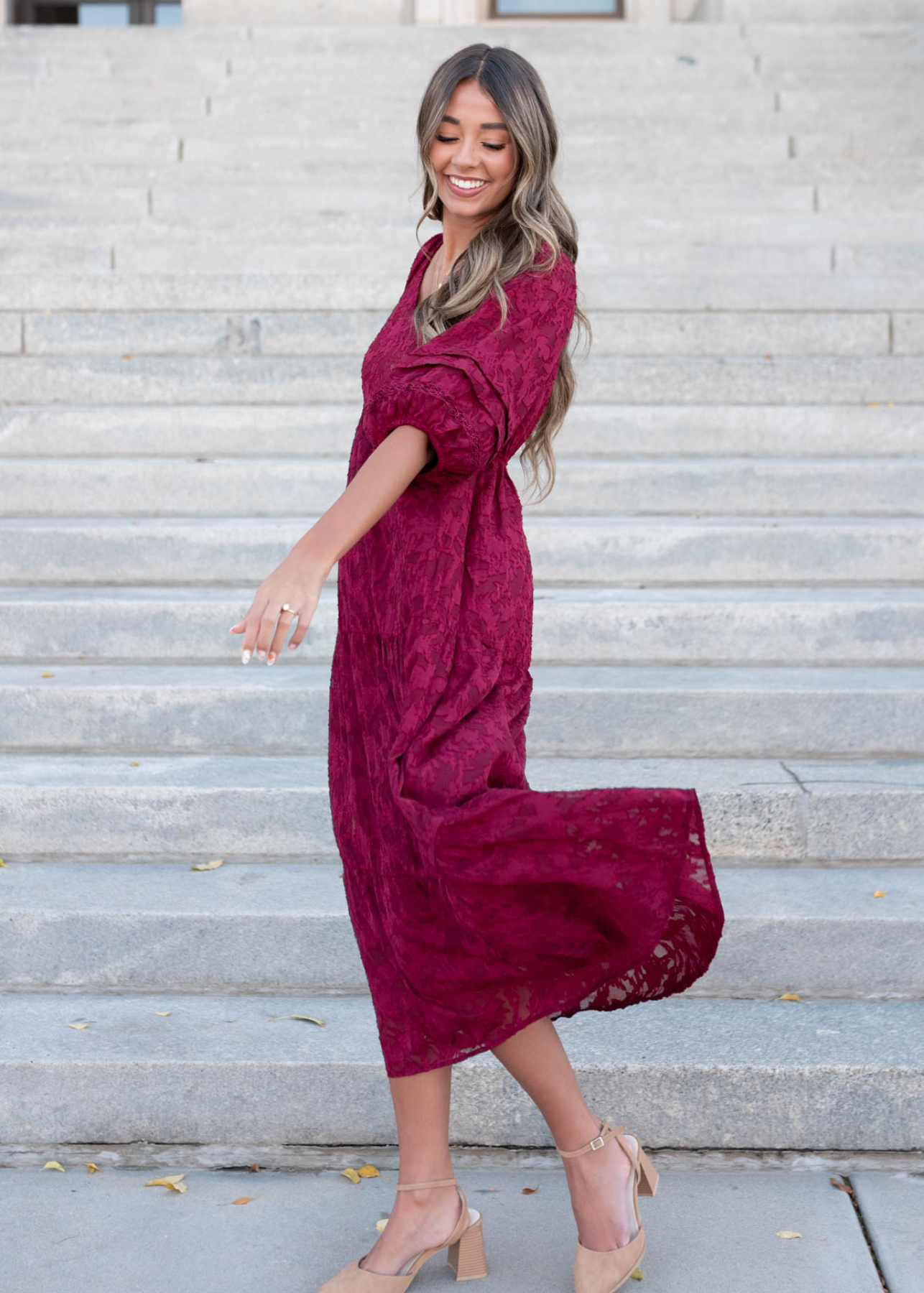 Side view of the red floral pattern dress