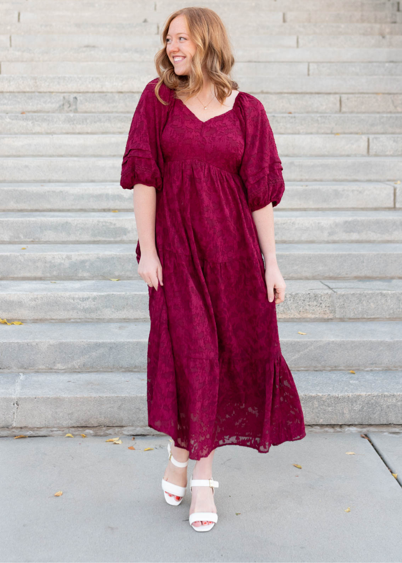 Red floral pattern dress with short sleeves