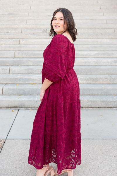 Side view of the plus size red floral pattern dress