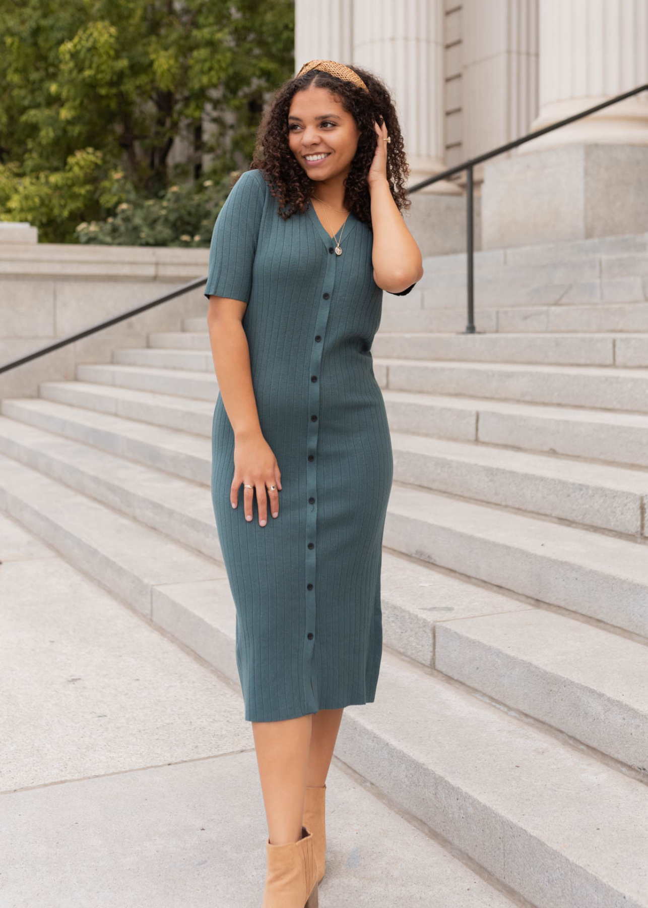 Button up dark green sweater dress