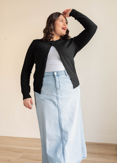 Plus size black button down cardigan with long sleeves