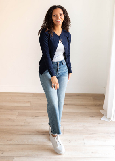 Navy button down cardigan with long sleeves