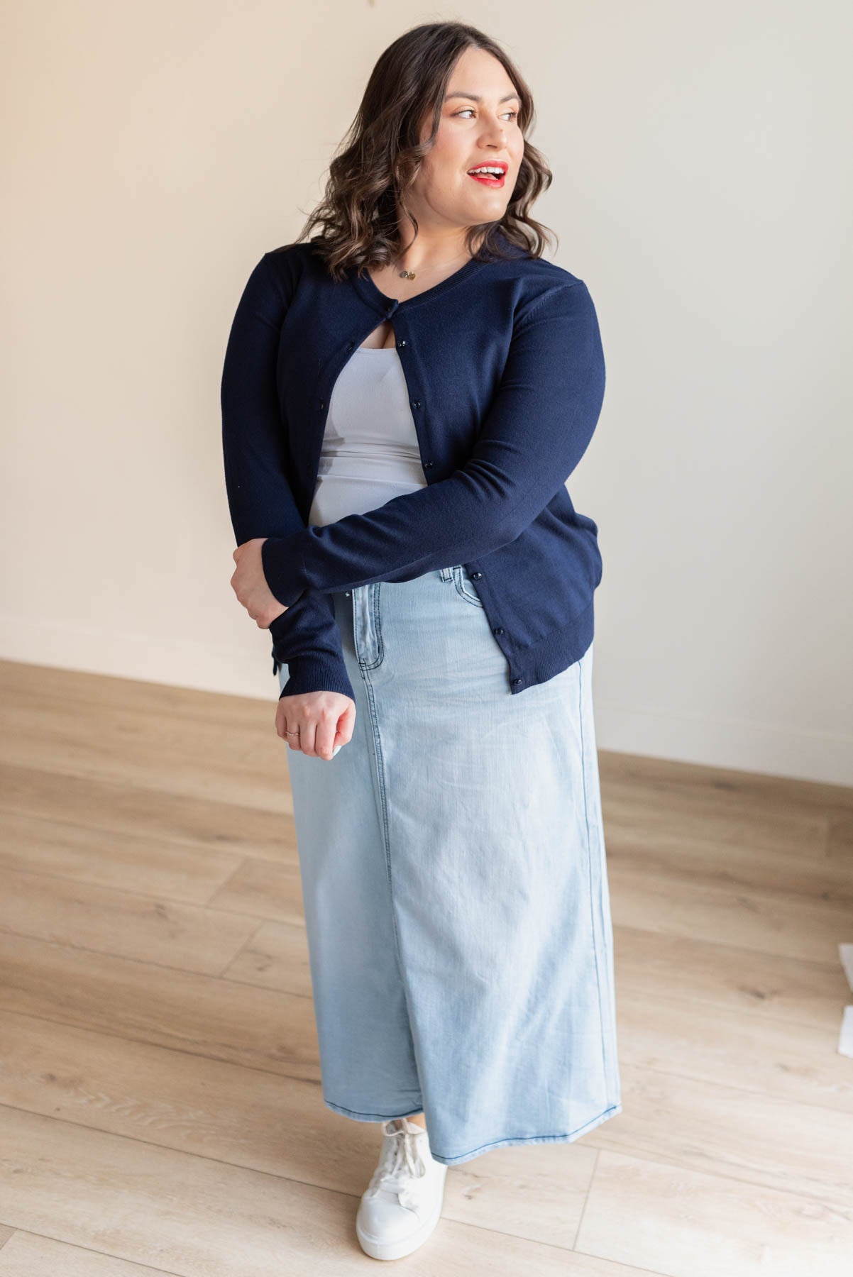 Plus size navy button down cardigan with navy buttons