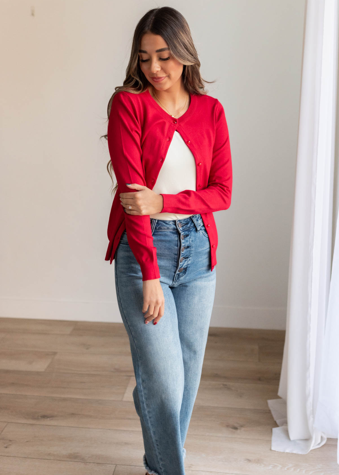 Red button down cardigan with long sleeves