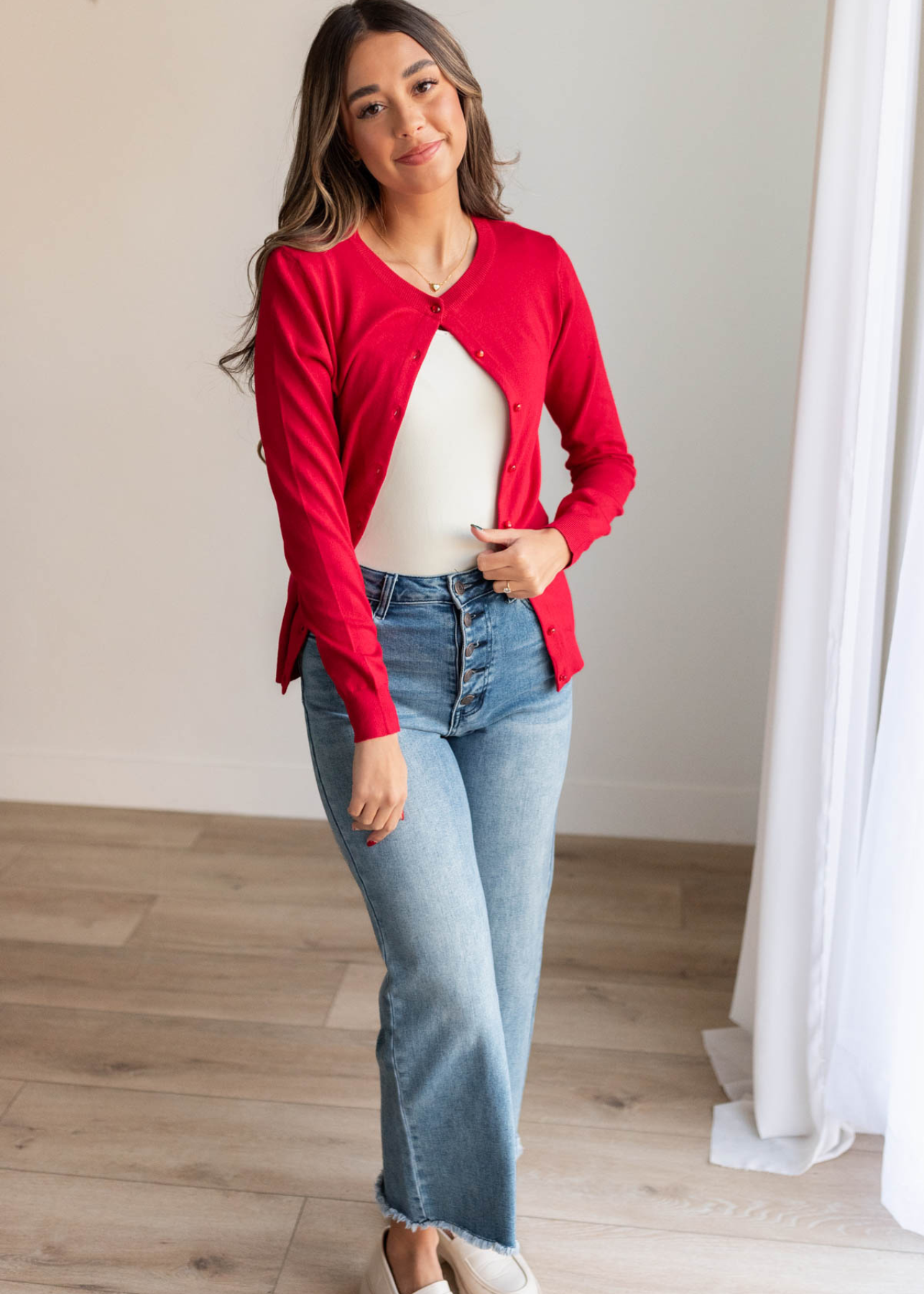 Long sleeve red button down cardigan