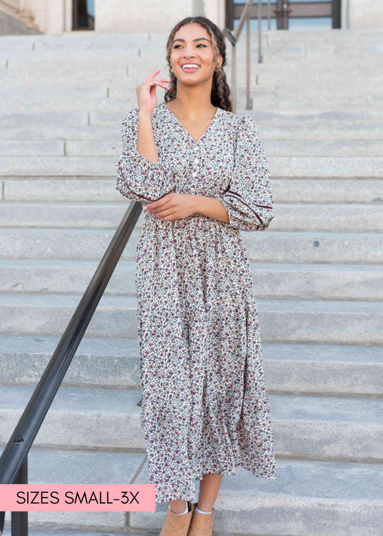 Front view of the burgundy floral dress