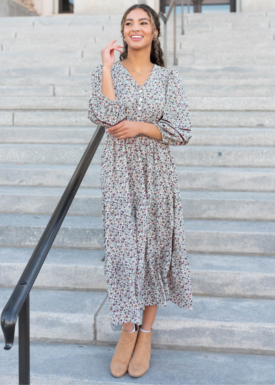 Long sleeve burgundy floral dress