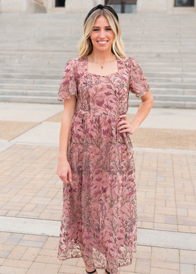 Antique pink embroidered dress with flutter sleeves