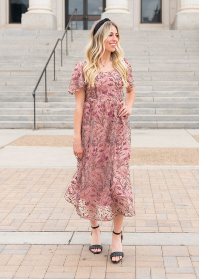 Wide neck antique pink embroidered dress