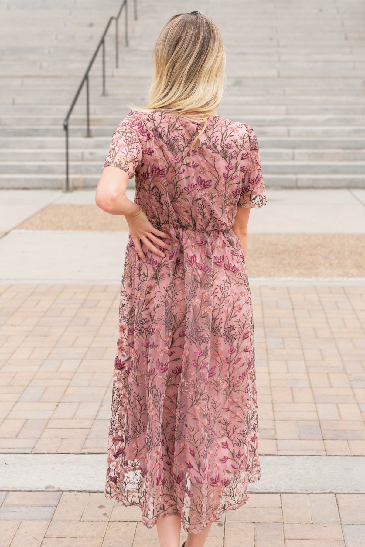 Back view of the antique pink embroidered dress