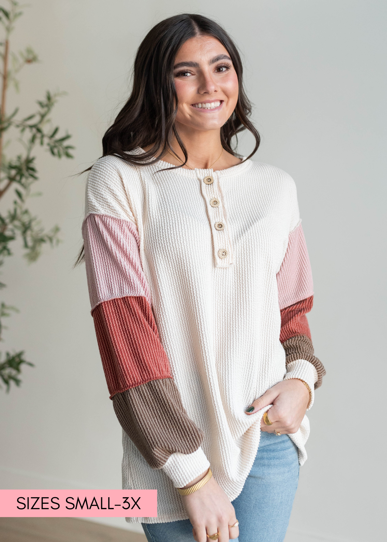 Drop sleeve cream color block long sleeve top