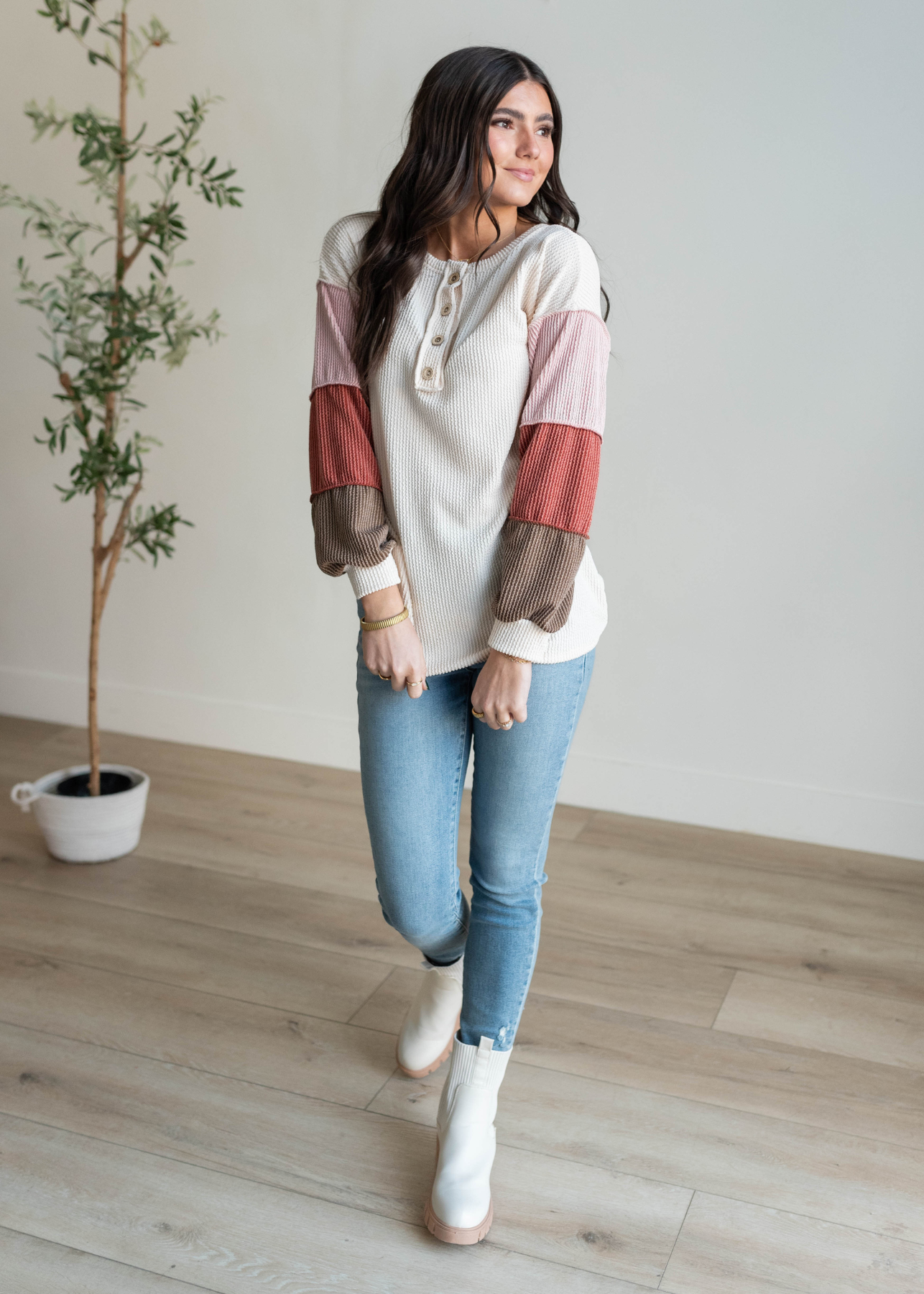 Mauve and taupe cream color block long sleeve top